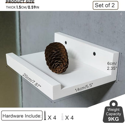 Z metnal Small Floating Shelves, Natural Wooden Display Wall Shelf for Picture Ledge, Nursery Floating Shelves, White, Wall Mounted, 8 x 5.5 inch, 2 Pcs