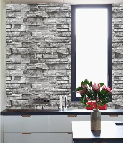 Yancorp 32.8ft Peel and Stick White Grey Wallpaper Stone Brick Wallpaper Self-Adhesive Backsplash Decorative Wallpaper Wall Covering…