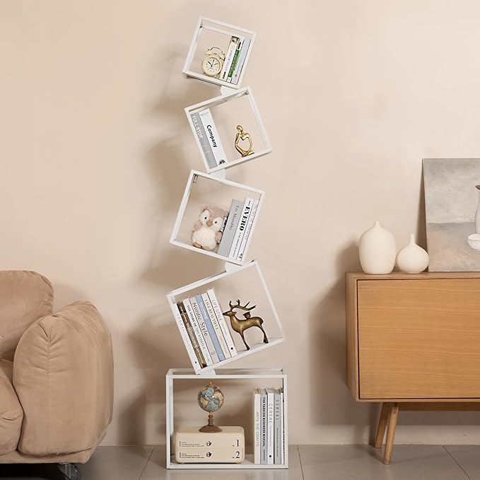 Bookshelf, Metal Bookcase 5-Tier 67", Modern Unique Floor Corner Book Shelf, Display Storage Bookcase for Living Room, Bedroom, Office, Home Decor