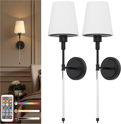DORESshop Battery Operated Wall Sconce Set of 2, Wall Light Wireless Easy to Install, Dimmable and Adjustable Sconce Wall Decor, Rechargeable Wall Lamp for Bedroom, Living Room, Black and Glass 24.6in