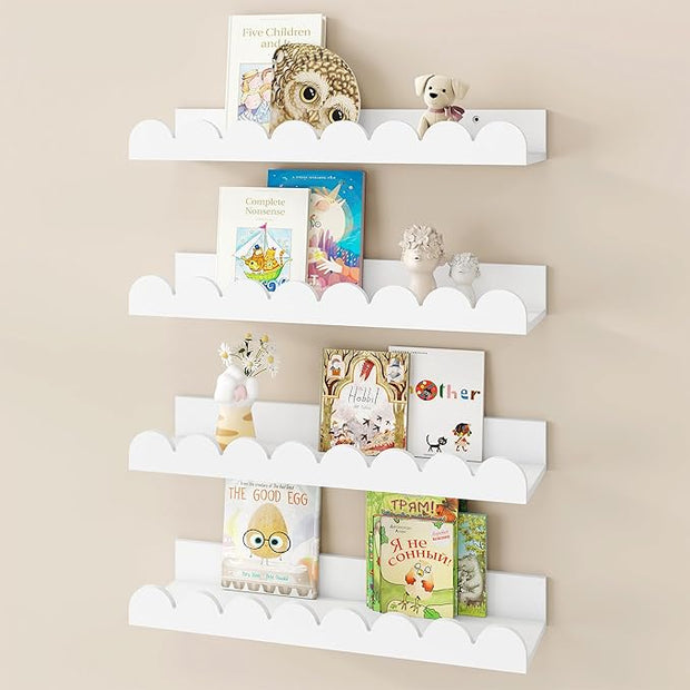 Fun Memories 16 Inch White Picture Ledge Shelf, Scalloped Nursery Book Shelves for Wall, Set of 4, Kids Room, Toddler Room Floating Shelves