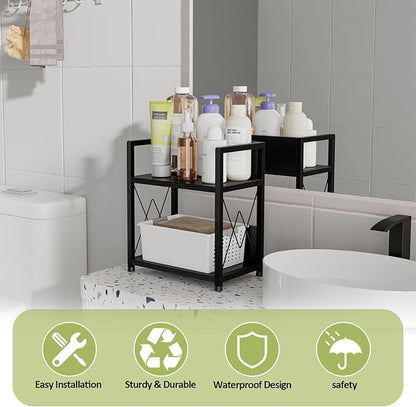 Aduanbang Coffee Bar Accessories Organizer, Seasoning Organizer, 2 Tier Wooden Kitchen Counter Shelf, Coffee Organizer Station for Countertop, Coffee Condiment Rack for Mugs, Cups, Cream, Syrup