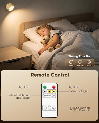 LED Wall Mounted Lights 2 Pcs with Remote, Rechargeable Wall Sconce with 3 Color Temps & Dimmable Magnetic 360° Rotation Cordless Light for Bedroom Reading Bedside (Wood, 1 Pack)