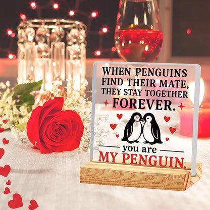 Valentines Desk Decor, Happy Valentine's Day Home Office Table Sign for Porch Tiered Tray Shelf Party, Rustic Romantic Acrylic Gifts Decorations for Him Her Wife,You Are My Penguin