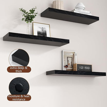 fuqing Black Floating Shelves | 24 Inch Wood Floating Shelves for Wall Set of 2 | 24" W x 6.7" D x 1.4" H Rustic Black Wooden Shelves for Bathroom Living Room Bedroom Kitchen