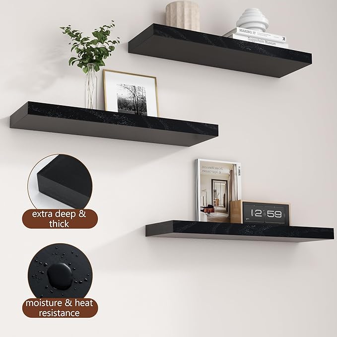 fuqing Black Floating Shelves | 24 Inch Wood Floating Shelves for Wall Set of 2 | 24