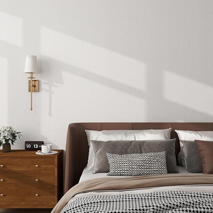 Grasscloth Textured Wallpaper White Peel and Stick 24inX393in Fabric Wall Paper Upgraded Thick Self-Adhesive Vinyl Contact Paper for Home Use