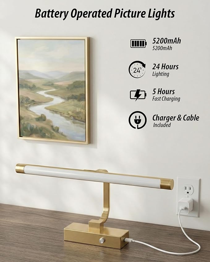 URSOLA 16“ Picture Lights for Wall, Brass Battery Operated Picture Frame Light, Dimmable LED Light Over Picture Frame with 3 CCT, Display for Gallery, Living Room, Bedroom, Hallway