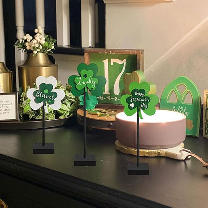Happy St. Patrick's Day Blessed Lucky Irish Wood Sign Decor Farmhouse Home Office Coffee Bar Kitchen Table Decor 3 Pieces Green
