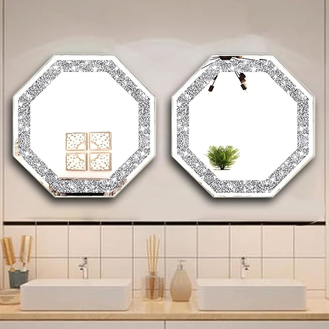 2 Piece Wall Mirrors Octagon, Crush Diamond Mirrors Wall Decor, Silver Decorative Mirrors for Living Room Decor, Bedroom, Bathroom. (12”x12”)