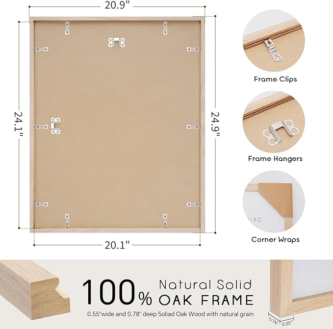 puthiac 20x24 Solid Oak Wood Picture Frame, No Mat, Wall Display Only, Vertical or Horizontal, Plexi Front, 1 Pack, Natural Oak