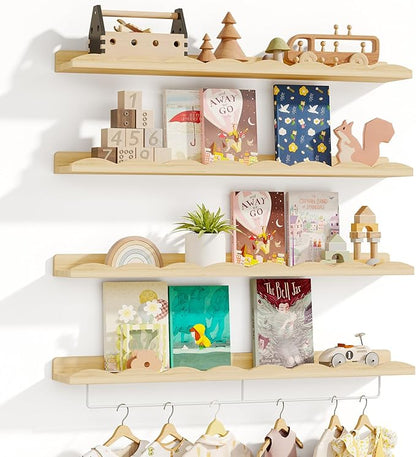 Fixwal Nursery Shelves, 24 Inch Floating Bookshelves for Wall Set of 4, Scalloped Wall Book Shelves with Towel Rack for Kids, Toddler Room, Baby Room, Nursery Decor and Storage(Natural Wood)