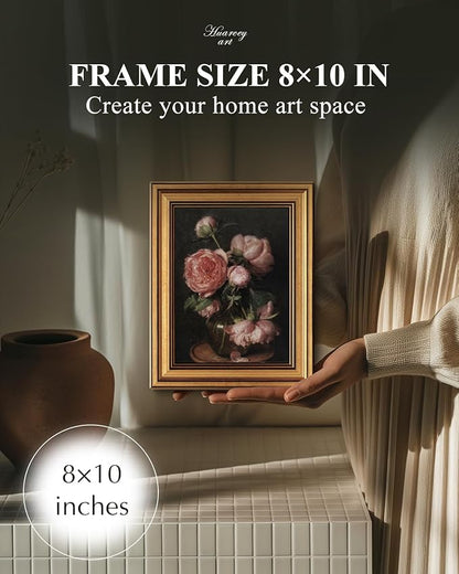 HUARCEY Framed Canvas Wall Art Prints, Bathroom Shelf Vintage Decor Aesthetic, Peony Floral Paintings Farmhouse Wall Decor, Retro Table Desk Decoration for Bedroom Living Room, 8x10Inch
