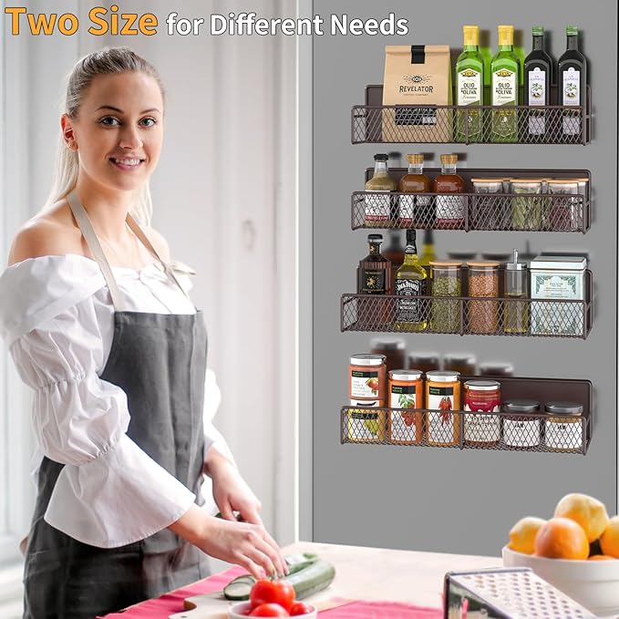 Magnetic Spice Rack for Refrigerator, 4 Pack 100% Metal Strong Magnet Fridge Shelves, Space Saving Spice Organizer, No Drilling Moveable Home Kitchen Laundry Room Storage Organization, Brown