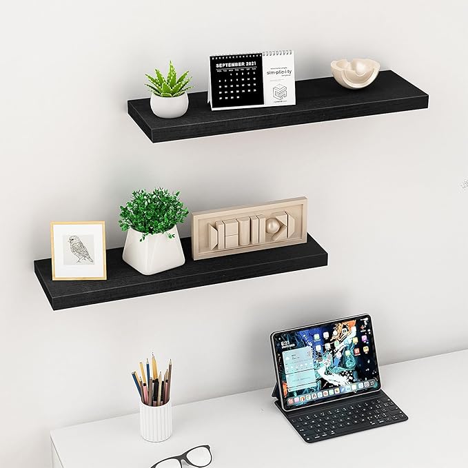 Floating Shelves (Set of 2) – Wall Mounted Shelves for Home Décor and Storage, Natural Pine Wood, Suitable for Living Room and Bedroom (Black, 23.6" x 5.7" x 1.0")