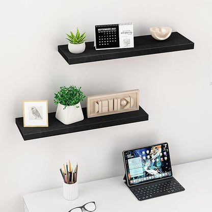 Floating Shelves (Set of 2) – Wall Mounted Shelves for Home Décor and Storage, Natural Pine Wood, Suitable for Living Room and Bedroom (Black, 23.6" x 5.7" x 1.0")
