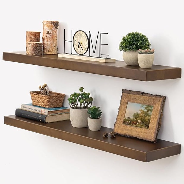 Marsmiles 36 Inch Wood Floating Shelves | Rustic Dark Wood Wall Shelves Set of 2 | 36" W x 7.7" D x 1.6" H Wooden Shelves for Bathroom Kitchen Living Room