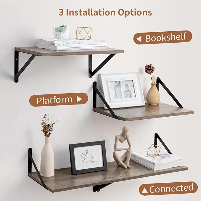 Axeman Deep Floating Shelves for Wall, 12 Inch Deep Floating Shelves Set of 2, 16W x 12D Rustic Grey Wood Large Wall Mounted Shelves for Living Room Kitchen Bathroom Bedroom - Grey