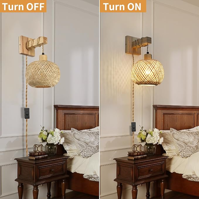 Bamboo Plug in Wall Sconces Set of Two, Hand Woven Boho Wall Lamp Plug in Cord Wall Sconces for Bedroom Living Room Farmhouse