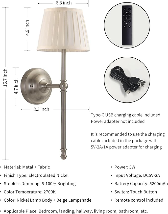 KDG Cordless Wall Sconces Set of 2, Small Wireless 5200mAh Rechargeable Battery Fabric LED Wall Lamps, Portables Lightings for Wall Painting, Living Room, Bedroom, Hallway, Gifts, Night Light (Nickel)
