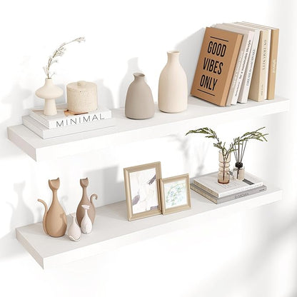 Floating Shelves for Wall 36"W x 7.8"D x 1.5"H, Engineered Wood Wall Shelves with Invisible Brackets for Living Room Bedroom Bathroom Office Kitchen Decor and Storage, White Finish, Set of 2