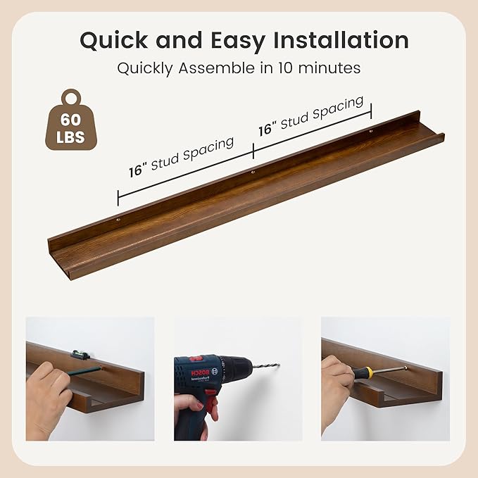 Picture Ledge Shelf, Floating Shelves Set of 2, Solid Ash Wood 48'' Long Large Nursery Book Shelves for Toys Storage, Kids Bookshelf for Living Room Bedroom Decor Books Photo Frames, Walnut