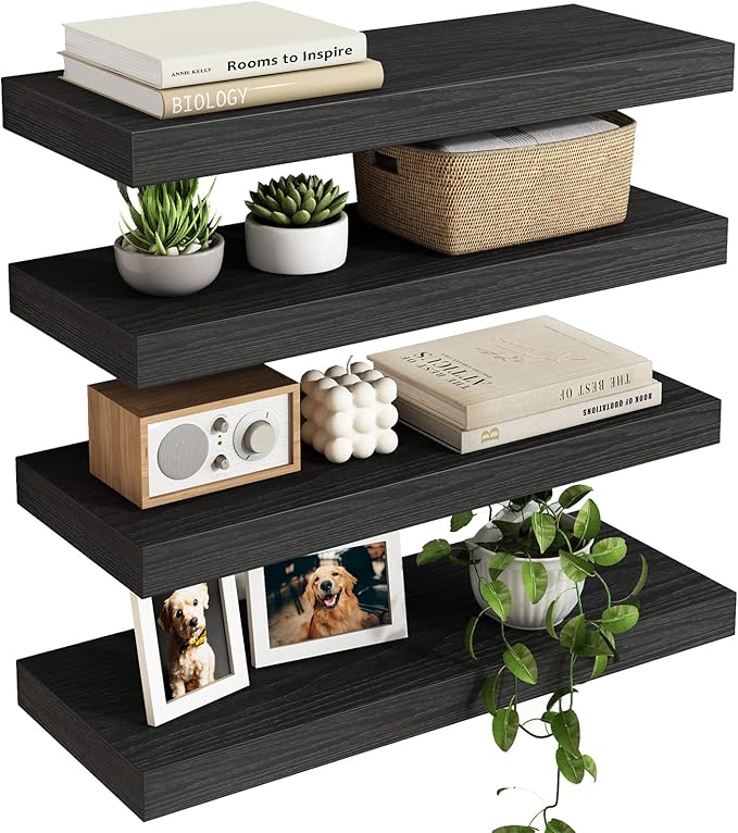 Fixwal Floating Shelves for Wall, Wall Mounted Rustic Wood Shelves for Bathroom, Living Room, Bedroom and Kitchen, Wall Shelves for Storage,Books,Room Decor (Black, Set of 4, 15.8 Inch)