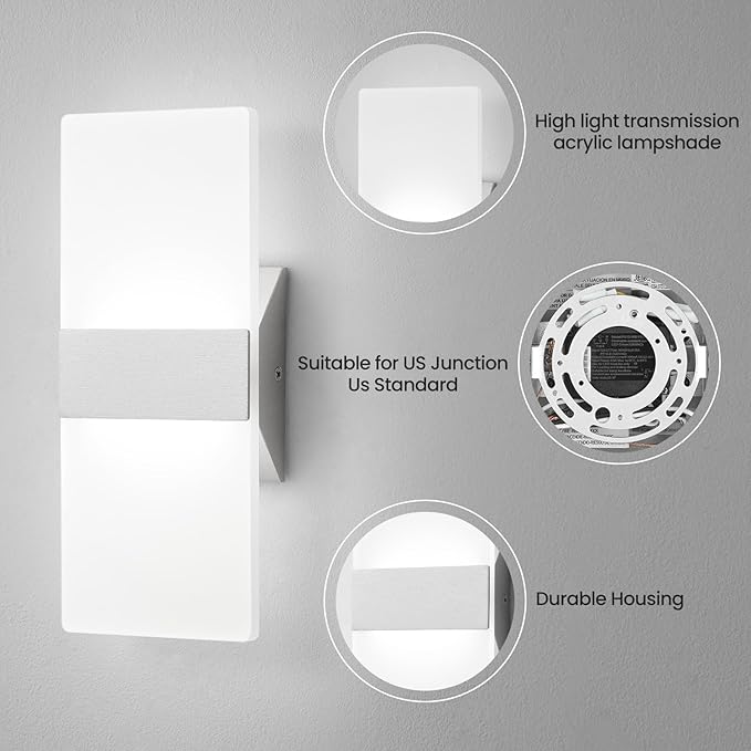 Modern LED Wall Sconce, 5CCT Dimmable Brushed Nickel Wall Lights, 12W 800LM 2700K-5000K Adjustable, Hardwired Indoor Up and Down Acrylic Wall Light Lighting for Living Room Bedroom Hallway, ETL