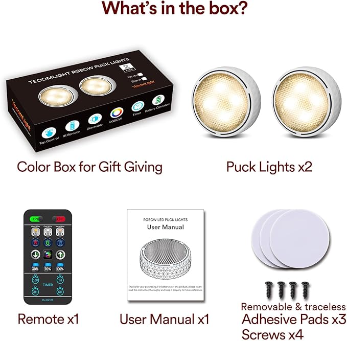 LED Puck Lights with Remote Control, Battery Operated Wireless Closet Light, Under Cabinet Lights Stick on Tap Light, Color Changing Under Counter Light for Kitchen, 2 Pack - White