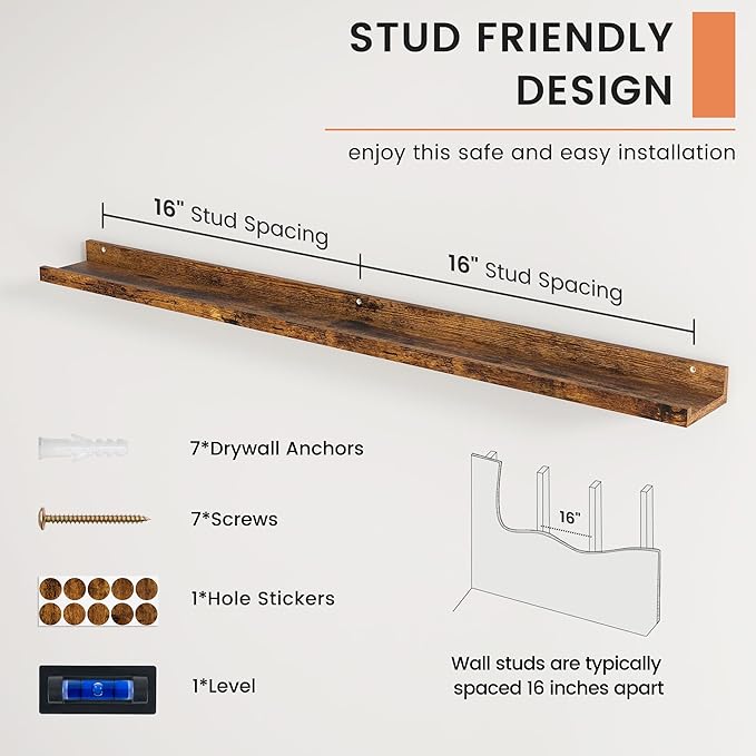 Picture Ledge Shelf, Floating Shelves Set of 2, 48 Inches Long Large Nursery Book Shelves for Toys Storage, Kids Bookshelf Wall Mounted for Living Room Bedroom Decor Books Photo Frames,Brown