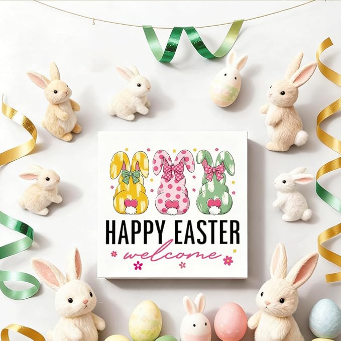 Easter Decorations for Home Happy Easter Welcome Wooden Sign, Bunny Spring Porch Decor, Farmhouse Easters Desk Decorations, Table Shelf Plaque, Holiday Front Door Party Supplies