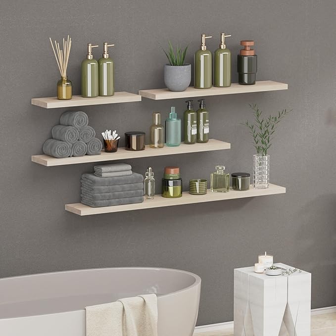 SAUMONIERES Floating Shelves 8 Inch Deep Solid Wood Wide Wall Shelf Set of 2 Wall Mounted for Bedroom Bathroom Living Room Kitchen, 36 Inch Natural