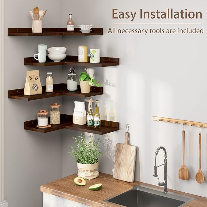 4 Tier Floating Corner Shelves Set of 4, Rustic Pine Wooden Floating Corner Wall Shelf for Wall Décor Storage, L Shaped Corner Shelf Wall Mount for Bedroom, Living Room, Bathroom, Kitchen, Red Brown.