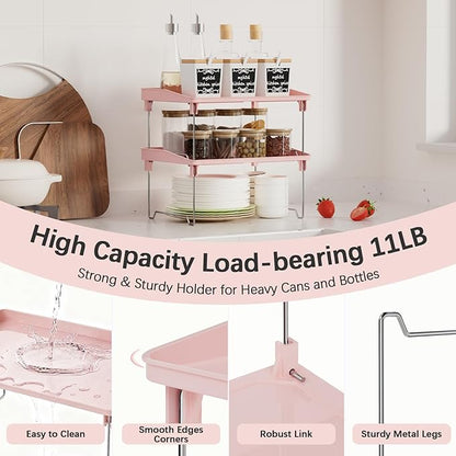 2 Pcs Cabinet Organizer Shelf，Stackable Kitchen Counter Shelves, Spice Rack,Countertop Organizers，Pink Plastic Storage Shelves Rack for Makeup，Bathroom, Cupboard，Desk，Pantry Organization