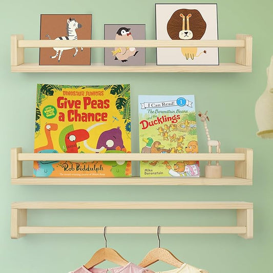 Floating Book Shelves for Wall, 23.6 inch Natural Wood Nursery Shelves for Book Storage, Solid Pine Wooden Floating Bookshelf for Bedroom Living Room, Set of 3, Unfurnished - DIY