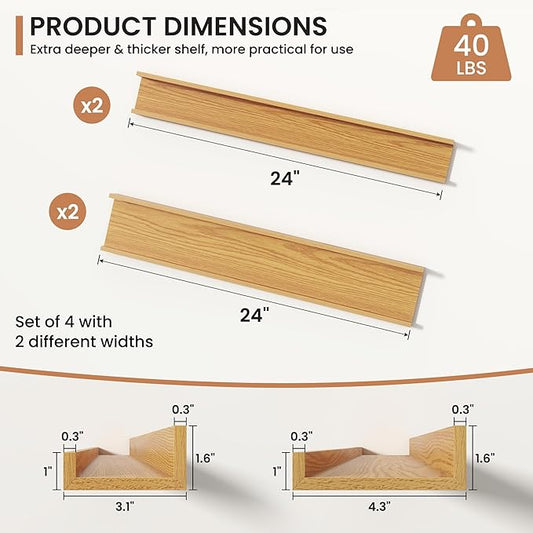 Fun Memories Picture Ledge Shelves Set of 4, 24 Inch Rustic Wall Mounted Floating Shelves with Lip for Home Storage and Décor in Bathroom, Kitchen, Nursery, Bedroom, Living Room, Oak