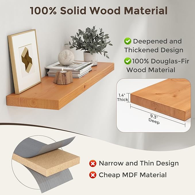 Axeman 36 Inch Floating Shelves for Wall, 9.3" Deep High End Solid Real Wood Wall Shelves with Heavy Duty Invisible Bracket for Living Room, Bedroom, Kitchen, Bathroom, Set of 2, Natural