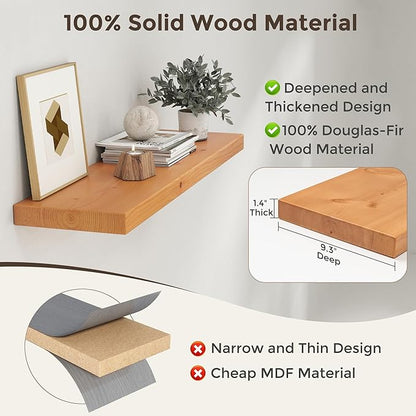 Axeman 36 Inch Floating Shelves for Wall, 9.3" Deep High End Solid Real Wood Wall Shelves with Heavy Duty Invisible Bracket for Living Room, Bedroom, Kitchen, Bathroom, Set of 2, Natural