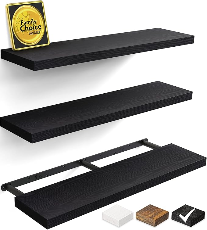 BAYKA Floating Shelves for Wall, 36 inches Long Wall Mounted Rustic Wood Shelves for Bathroom, Bedroom, Living Room, for Book/Storage/Decor with 30lbs Capacity - Black,Set of 3