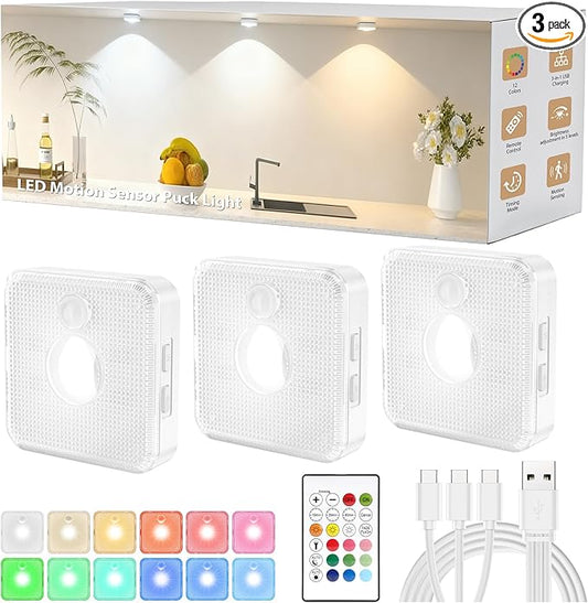 GBEAST 3 Pack Under Cabinet Lighting, Rechargeable Motion Sensor Puck Lights with Remote Control, 3 Color Temps & 9 RGB Colors, Magnetic Stick on Dimmable LED Closet Light for Kitchen Shelf Bedroom