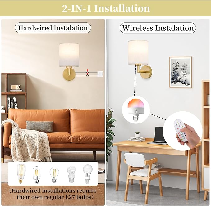 Battery Operated Wall Sconce Set of 2,Rechargeable Wall Lights with Remote Control,Wireless Wall Sconces with 3000mAh Detachable LED Bulb,15 Colours Dimmable Wall Lamp for Bedroom Living Room Hallway