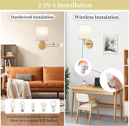 Battery Operated Wall Sconce Set of 2,Rechargeable Wall Lights with Remote Control,Wireless Wall Sconces with 3000mAh Detachable LED Bulb,15 Colours Dimmable Wall Lamp for Bedroom Living Room Hallway