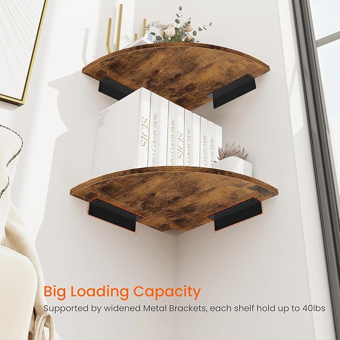 Homode Corner Wall Shelf, 12 Inch Wide Round Corner Floating Shelves with Cord Hole, Set of 4 Wooden Hanging Storage Shelving for Bathroom Living Room Small Spaces, Rustic Brown