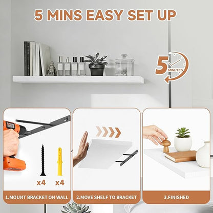 Floating Shelves Set of 3, 15.7 Inch Wall Mounted Wooden Shelf, Small Hanging Shelf for Room Decor, Books and Storage, Save Storage for Bedroom, Living Room, Bathroom, White