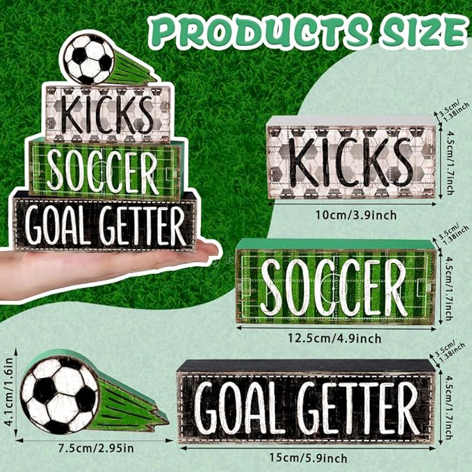 DIYDEC 4Pcs Soccer Tabletop Decorations Ball Wooden Block Signs Gift Rustic Football Tiered Tray Decor Soccer Goal Centerpiece World Cup Table Sign for Home Office Tabletop Fireplace Party Decor