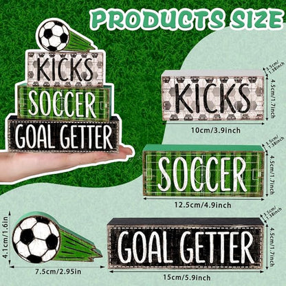 DIYDEC 4Pcs Soccer Tabletop Decorations Ball Wooden Block Signs Gift Rustic Football Tiered Tray Decor Soccer Goal Centerpiece World Cup Table Sign for Home Office Tabletop Fireplace Party Decor