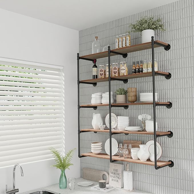 Industrial Pipe Shelf Brackets Wall Mount, Open Black Pipe Shelving for Kitchen,Floating Shelf Brackets Mount,Open Bookshelf Brackets for Shelves,Wall Shelves 12 Inch Deep,(2PcsX3Tier,61