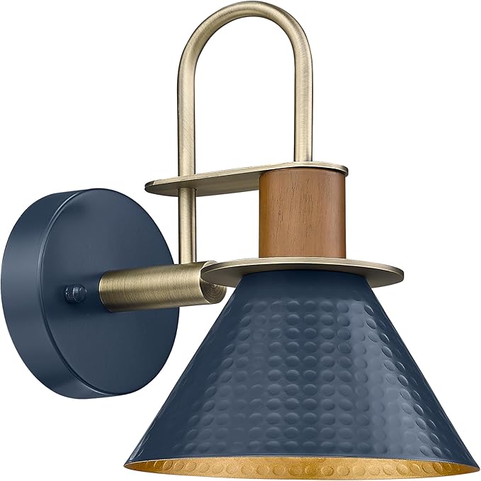 HWH Rustic Wall Sconces, Industrial Sconce Wall Lighting Indoor Wall Lamp, 1-Light Barn Vanity Light for Bathroom Bedroom Bedside, Hammered Metal Shade, Navy Blue Finish, 5HZG74B BL+BG