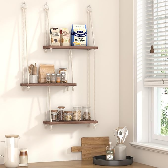 Hanging Shelves for Wall, 3 Tier Boho Hanging Plant Shelf, Floating Shelves Rope Rustic Wood Organizer Storage Hanger Rack for Aesthetic Home Bedroom Kitchen Bathroom (Champagne Flower)