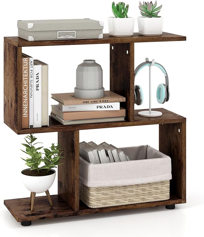 Tangkula 2 Tier Geometric Bookshelf, Freestanding Wood Display Shelf, Home Office Room Divider S Shaped Open Bookcase, Small Bookshelf for Small Spaces, Living Room, Study (Coffee, 1)